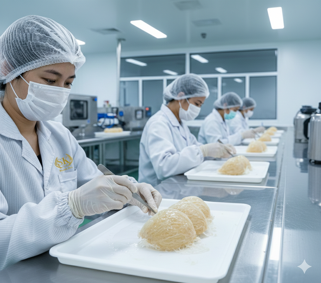 làm sạch tổ yến, làm sạch yến không ngâm nước, quy trình làm sạch yến cải tiến, so sánh làm sạch yến thủ công và hiện đại, quy trình làm sạch yến chuẩn xuất khẩu, tiêu chuẩn haccp yến sào, iso 22000 yến sào, chất lượng tổ yến sau làm sạch