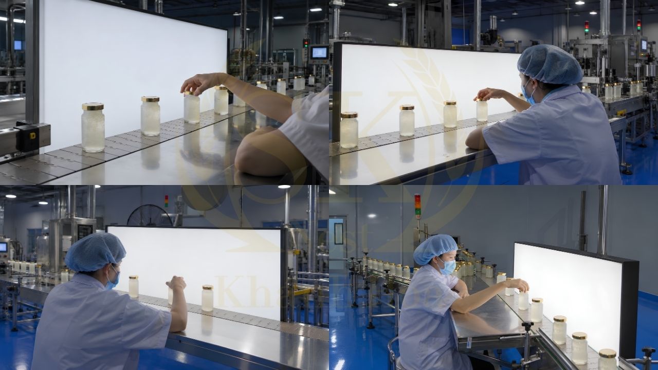 Nhân viên kiểm tra tình trạng bao bì hũ yến chưng sau xử lý nhiệt